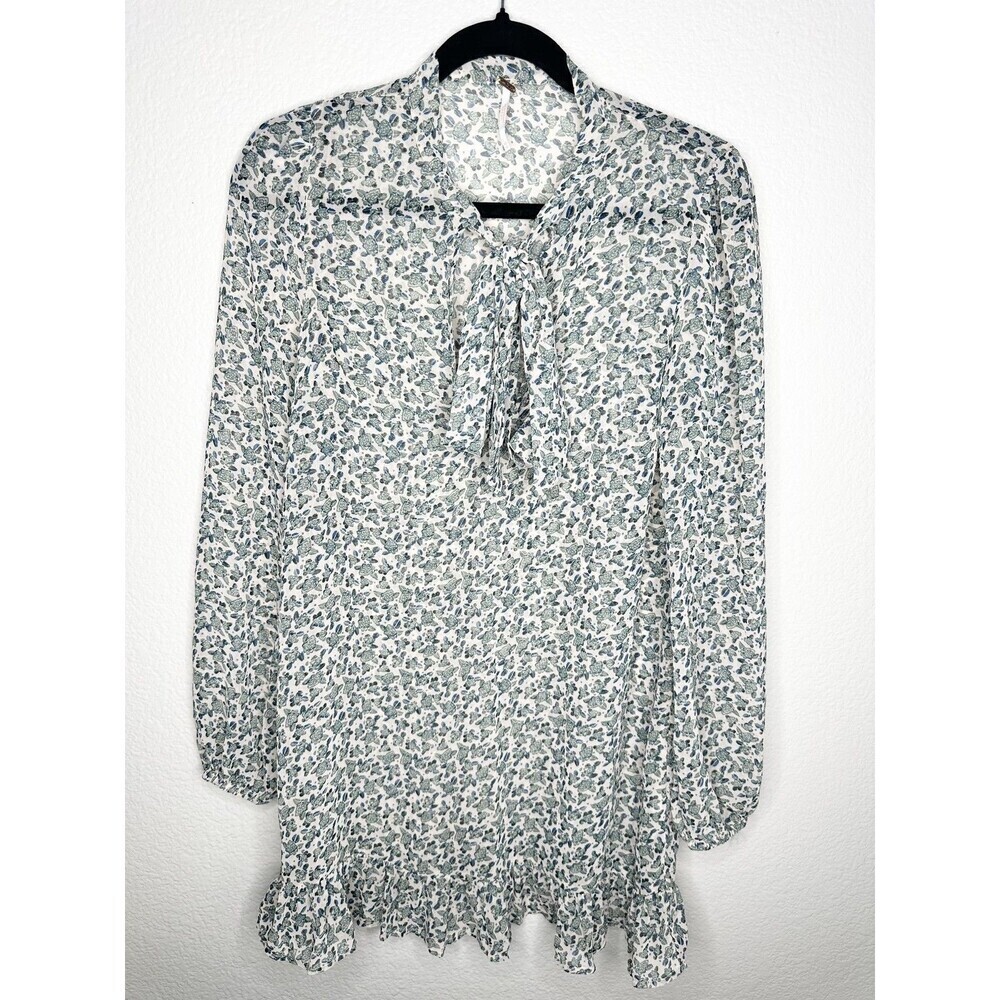 Free People Floral Ruffle Blouse Womens XS Cream Green Bow Tie Neck Long Sleeve